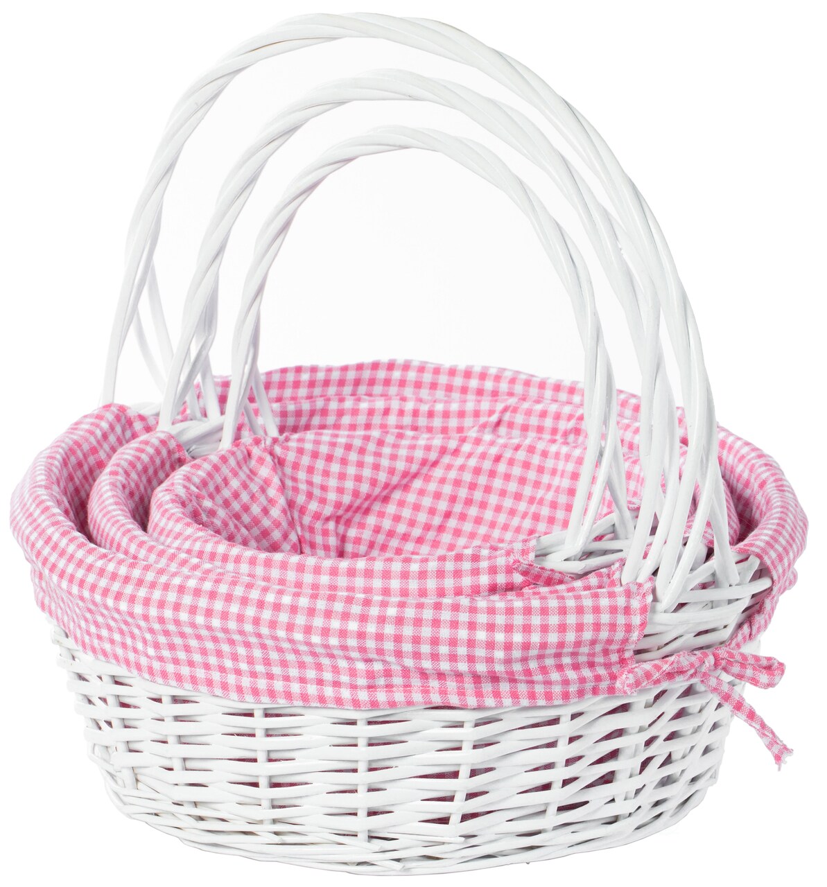 White Round Willow Gift Basket, with Gingham Liner and Handles